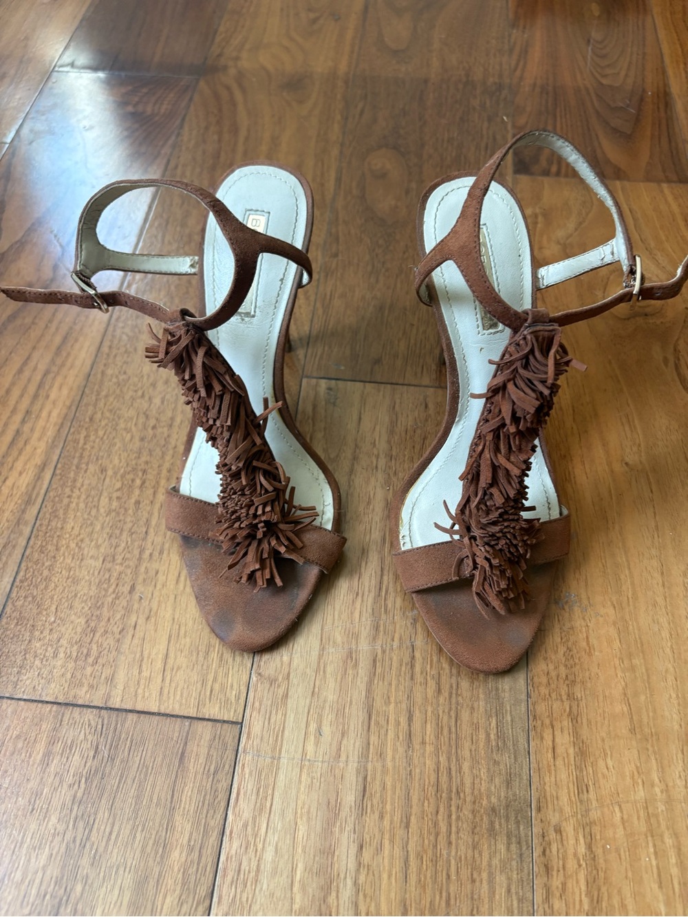 Women's BCBGeneration Clue Fringe T-Strap Brown Suede Sandals